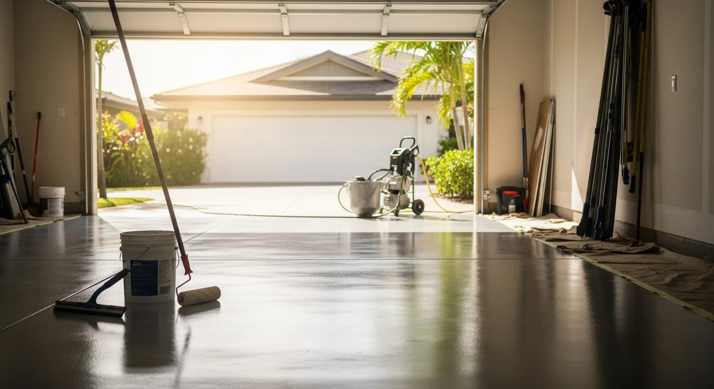 Epoxy floor coating applied to residential garage