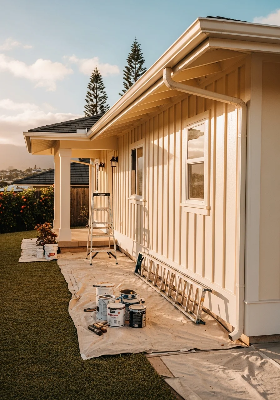 Professional exterior painting service on Aiea home with Pearl Harbor views in background