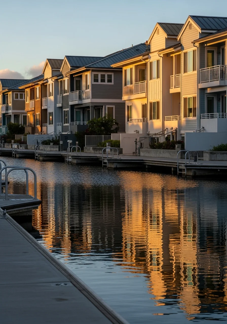 Luxury waterfront townhomes and condominiums along Hawaii Kai marina at sunset