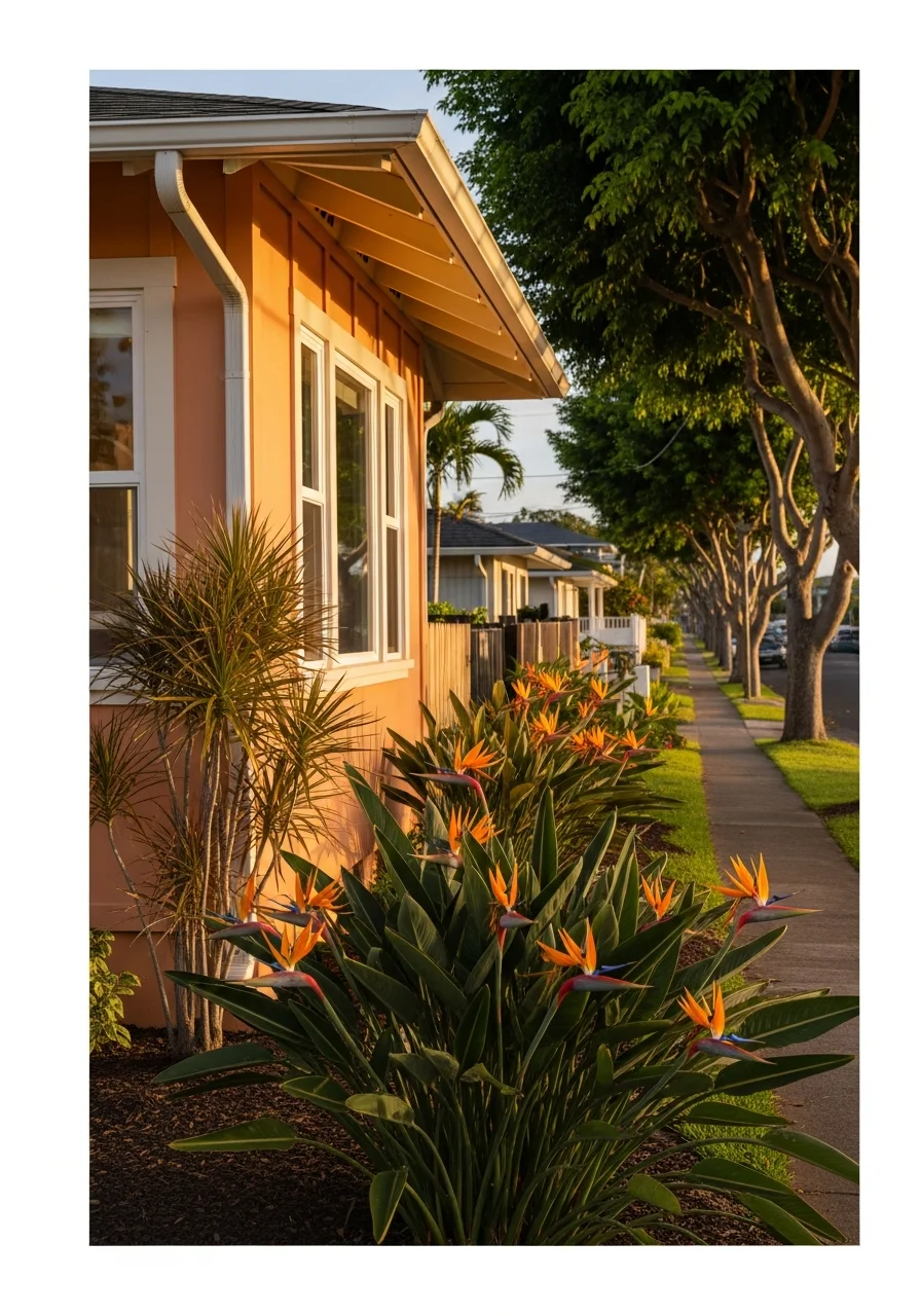 Honolulu home with tropical landscaping and clear view of neighborhood street and properties.