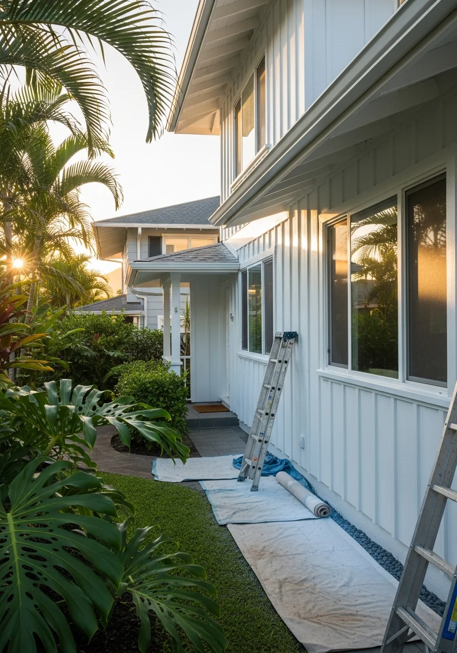 Windward Oahu home with lush landscaping and clear view of neighborhood character.
