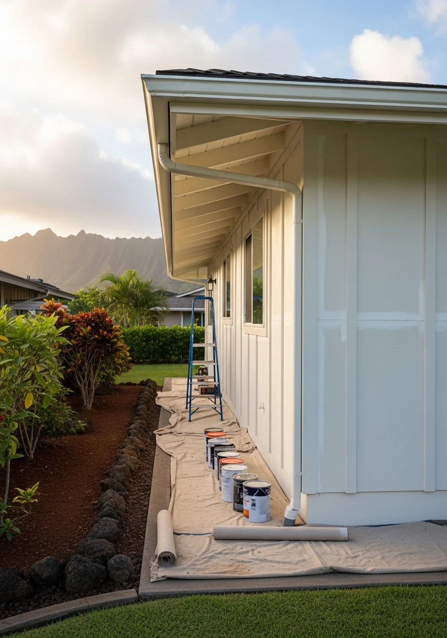 Professional exterior painting service on Waipahu home with mountain views
