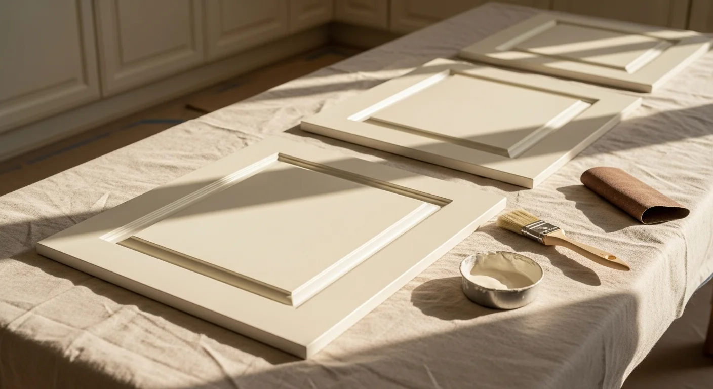 Freshly painted white kitchen cabinets with clean edges and a smooth finish inside a Pearl City, Hawaii home. Cabinet doors are rehung and hardware is reinstalled after professional painting by Impact Painting.
