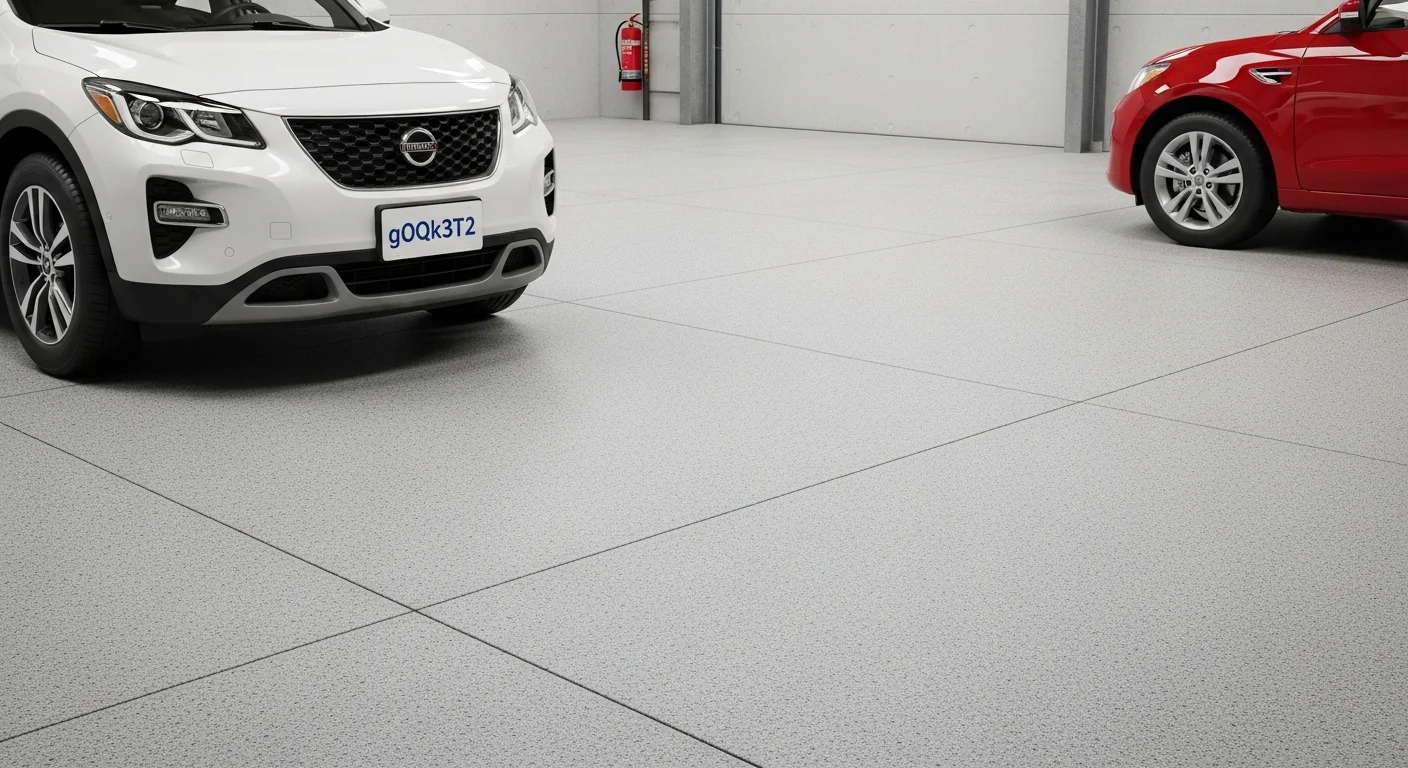 A freshly coated residential garage floor in Pearl City, Hawaii, showing a smooth, glossy finish with decorative flake detail. The coated slab extends to the garage entrance, with the driveway visible in the background under bright Hawaiian sunlight.
