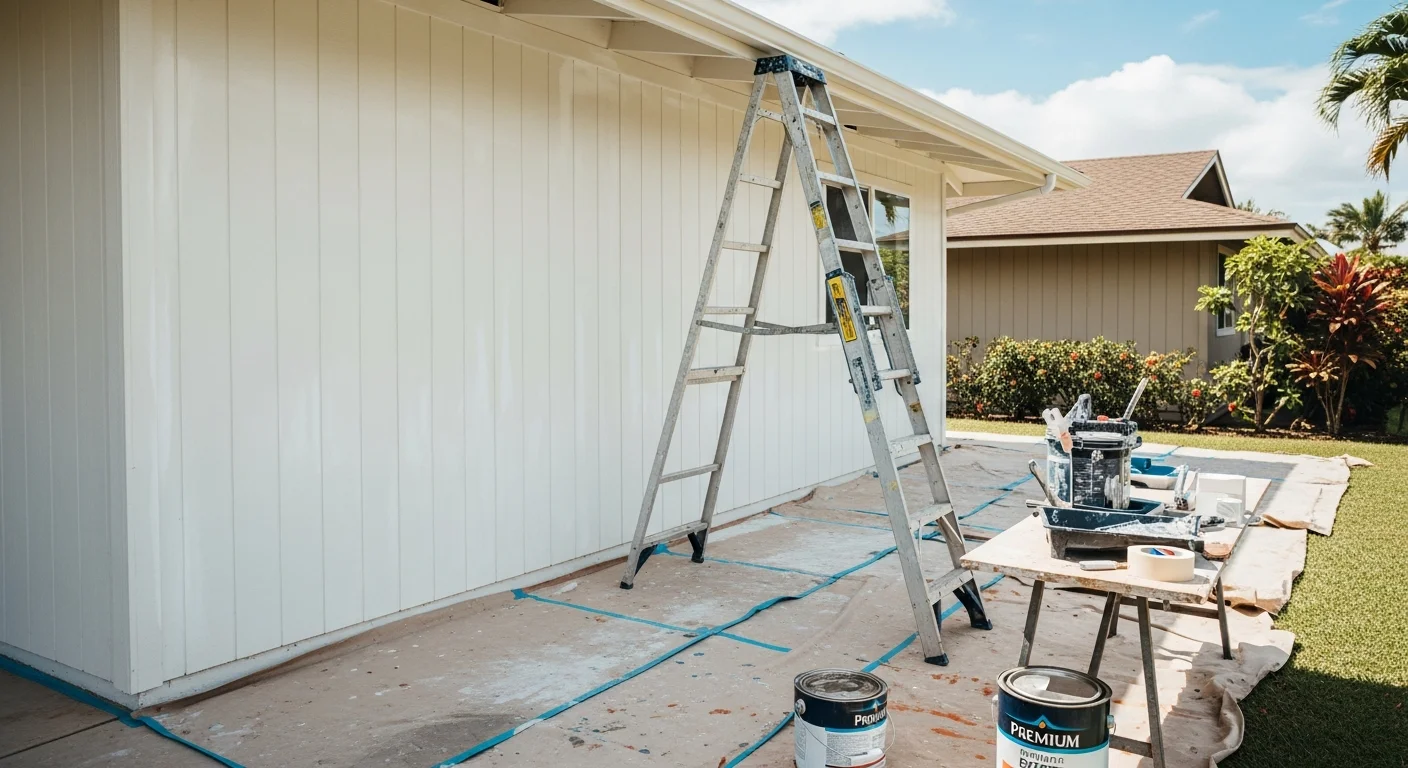 A freshly painted single-family home exterior in Pearl City, Hawaii, with clean siding and trim showing even color coverage. The home sits in a residential neighborhood typical of central Oahu, with clear skies and lush greenery in the background.