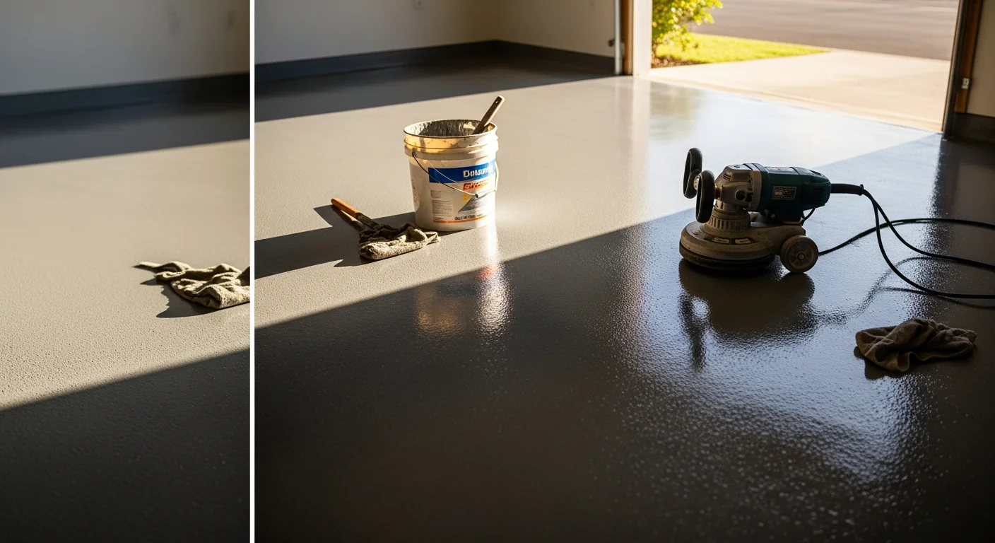 A freshly coated concrete garage floor in a Pearl City, Hawaii home, showing a smooth, sealed surface with a clean finish. The coated floor reflects overhead lighting and shows no visible cracks, stains, or moisture damage.