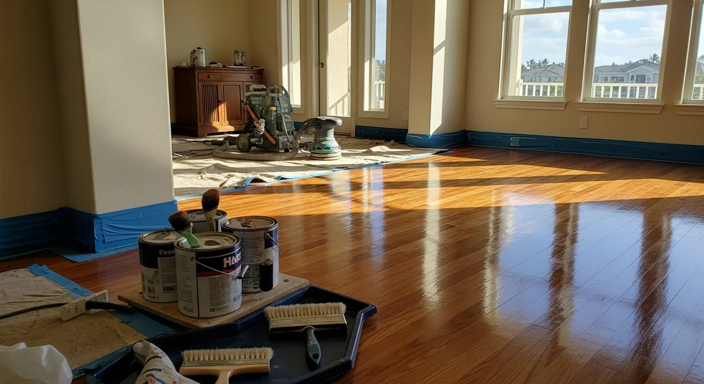 Freshly finished hardwood floor in a Pearl City residential home, showing a smooth, even surface with a clear protective topcoat. The room reflects natural light across the refinished planks after sanding and sealing.