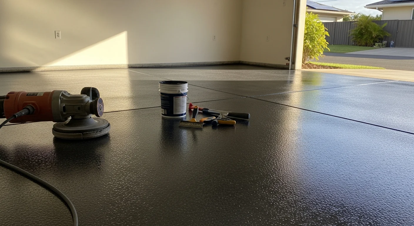 A freshly coated garage floor inside a Pearl City, Hawaii home, showing a smooth, sealed concrete surface free of stains and cracks. The coating reflects overhead lighting and covers the full slab of a two-car residential garage.