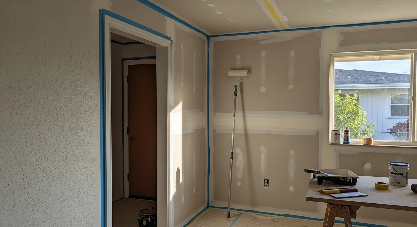 A freshly painted interior living room in a Pearl City single-family home, showing clean white walls, sharp trim lines, and natural light from a window. Impact Painting completed the full-room repaint including ceiling and baseboards.