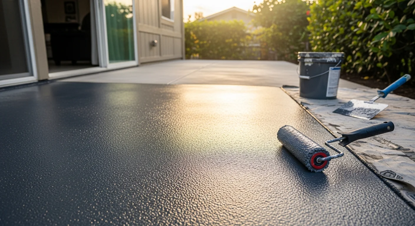 A freshly coated outdoor concrete patio at a Pearl City, Hawaii residential home, showing a smooth, uniform surface finish with no visible cracks or staining. The coated slab extends to the edge of a covered outdoor living area under a bright Hawaiian sky.
