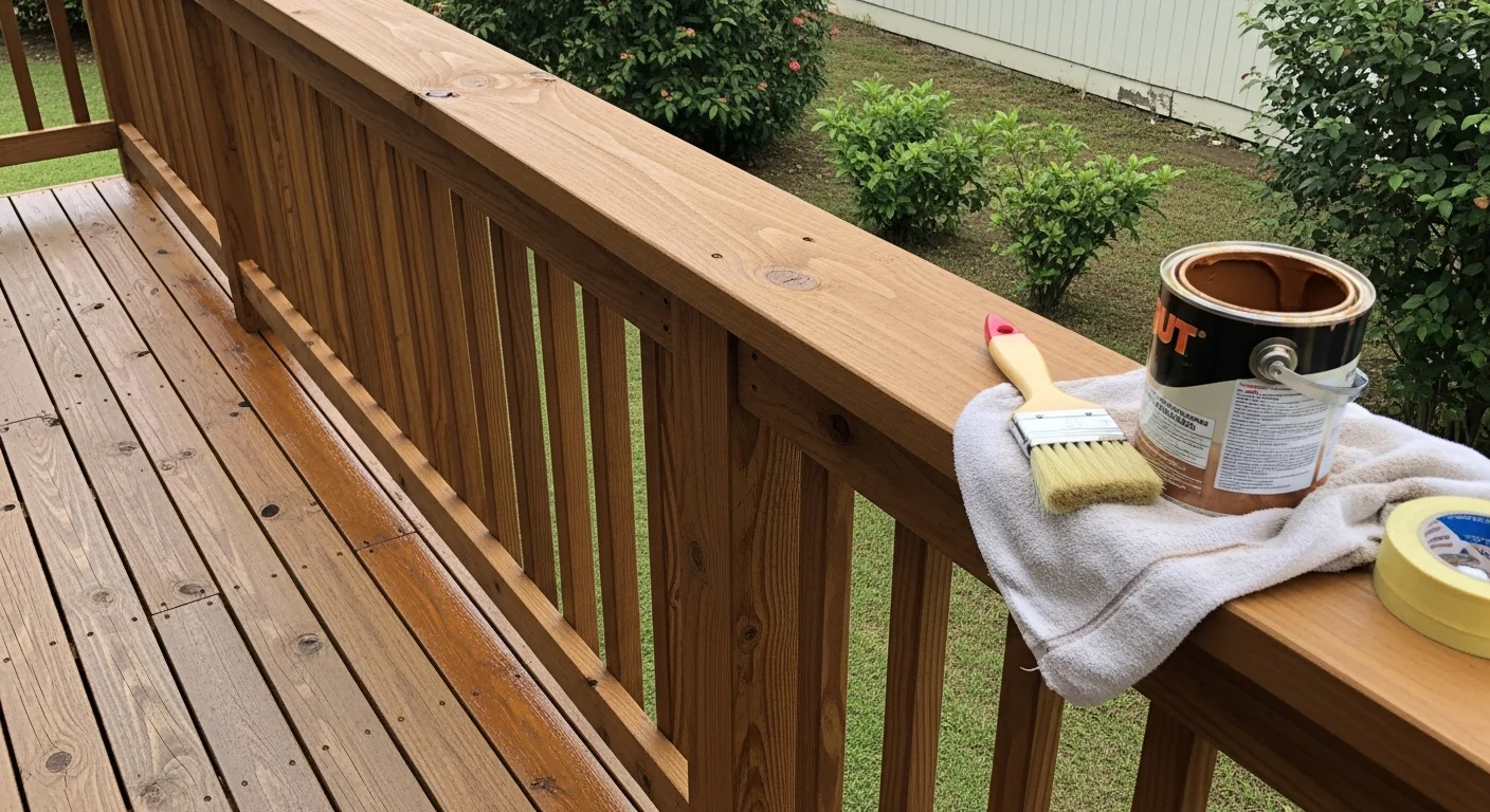 A freshly stained wood deck on a Pearl City, Hawaii home showing even color and visible natural grain. The exterior railing and deck boards show a clean, protected finish suited to the area's humid tropical climate.